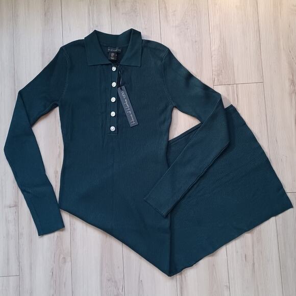 House of Harlow Ribbed Knit Collared Henley Midi Dress Evergreen S NWT - Picture 2 of 13